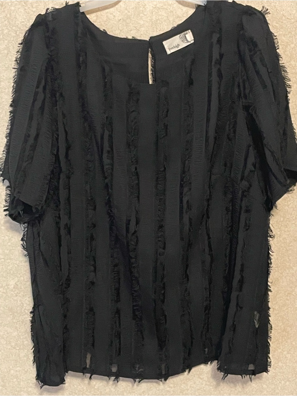 everleigh Black Fringe Vertical Stripe Short Sleeve Blouse